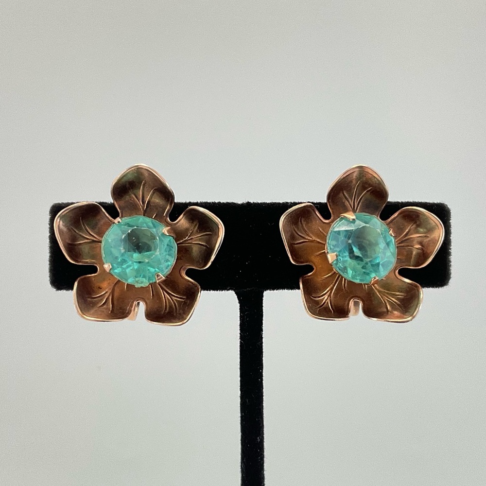 Vtg Copper Floral Earrings with Aqua Blue Rhinestones, MCM, Screw Backs - Picture 4 of 9
